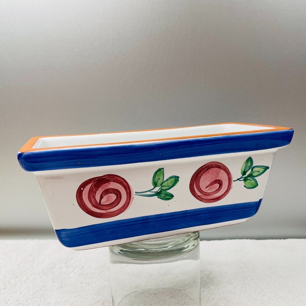 VGUC Ceramic Planter, Rectangular, Flower/Leaf/Stripe Design, 10" L x 4" T